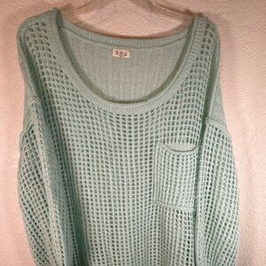 POL Mint Green Open Knit Sweater with Rolled Exposed Seams- Size L
